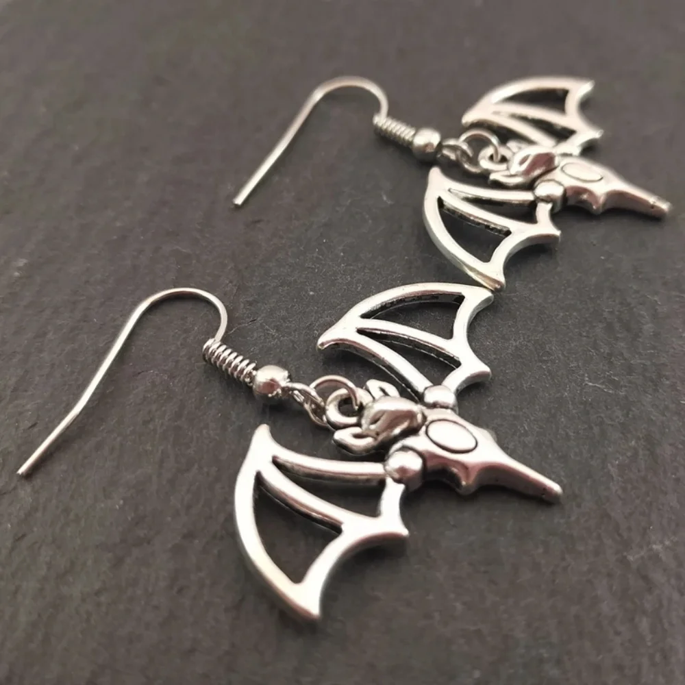 Silver Hanging Vampire Bat Dangle Earrings